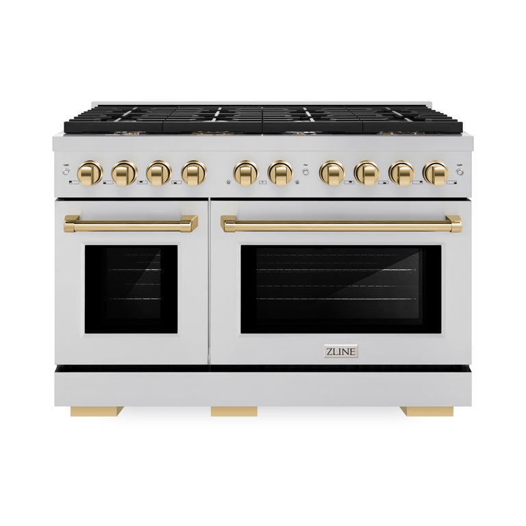 ZLINE Autograph Package - 48 In. Gas Range, Range Hood and Dishwasher in Stainless Steel with Gold Accents, 3AKPR-RGRH48-G