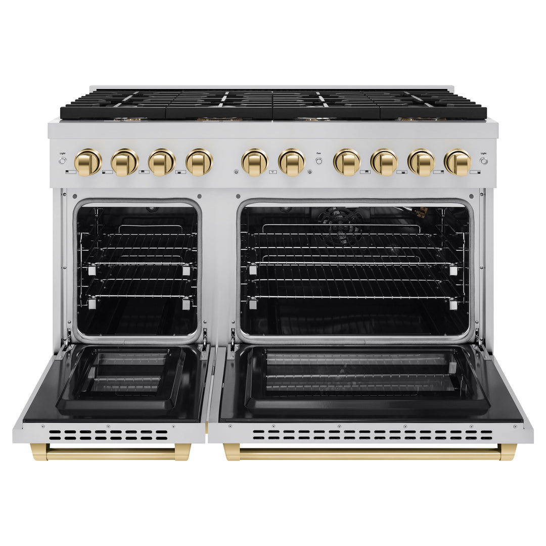 ZLINE Autograph 48" 6.7 cu. ft. Paramount Double Oven Gas Range in Stainless Steel and Gold Accents, SGRZ-48-G