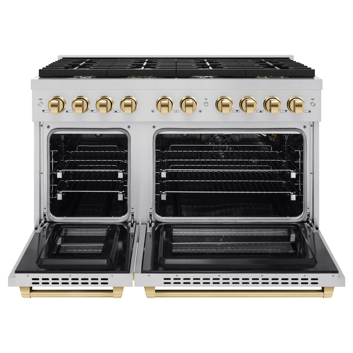 ZLINE Autograph Package - 48 In. Gas Range, Range Hood, Refrigerator, and Dishwasher in Stainless Steel with Gold Accents, 4KAPR-RGRHDWM48-G