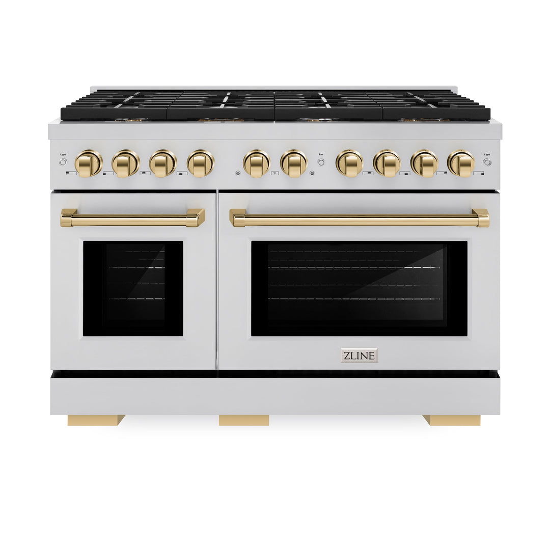 ZLINE Autograph 48" 6.7 cu. ft. Paramount Double Oven Gas Range in Stainless Steel and Gold Accents, SGRZ-48-G