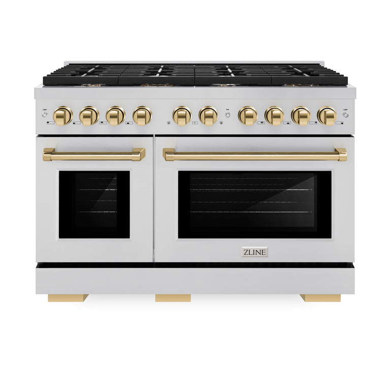 ZLINE Autograph Package - 48 in. Gas Range, Range Hood, 3 Rack Dishwasher, Refrigerator with Gold Accents - 4AKPR-RGRHDWM48-G