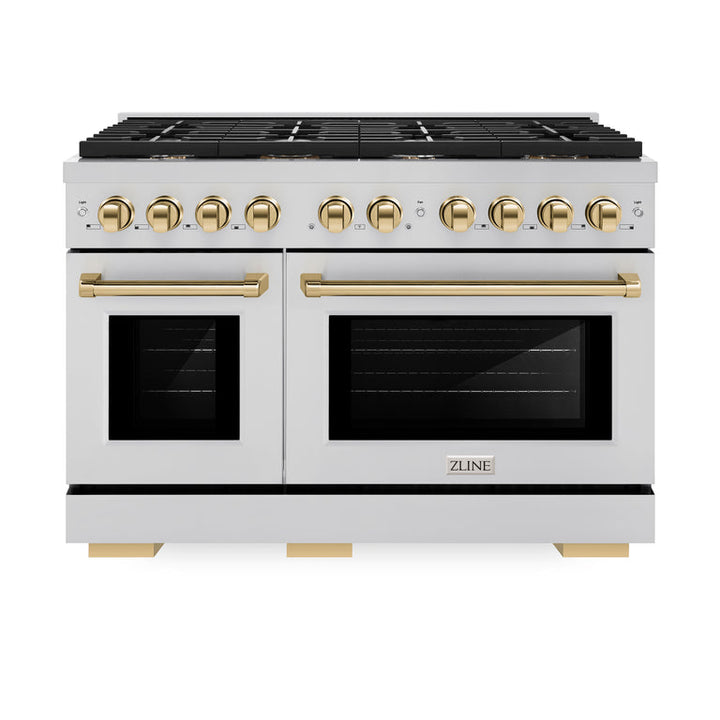 ZLINE Autograph Package - 48 In. Gas Range, Range Hood, Refrigerator, and Dishwasher in Stainless Steel with Gold Accents, 4KAPR-RGRHDWM48-G