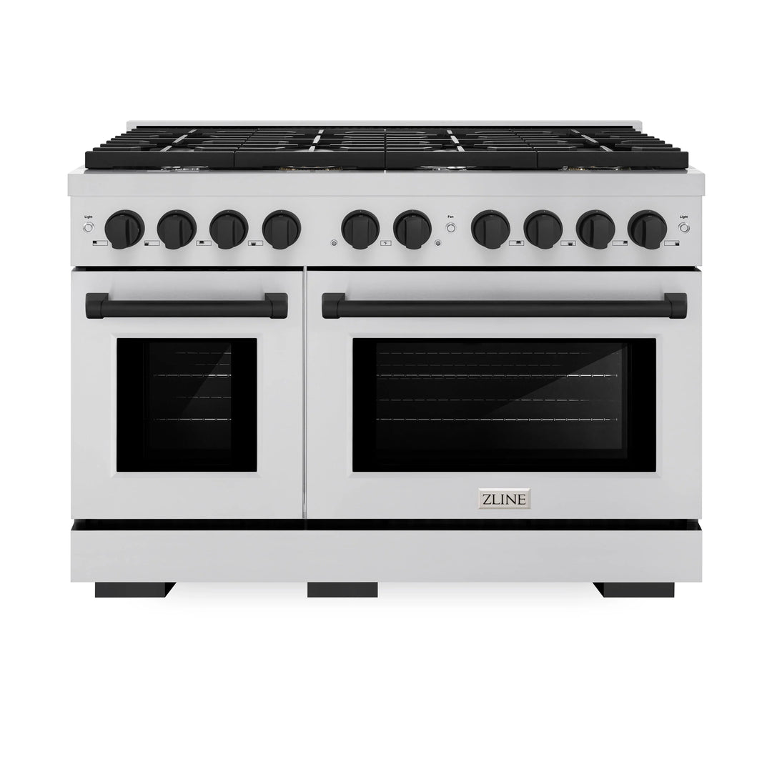 ZLINE Autograph 48" 6.7 cu. ft. Paramount Double Oven Gas Range in Stainless Steel and Black Matte Accents, SGRZ-48-MB