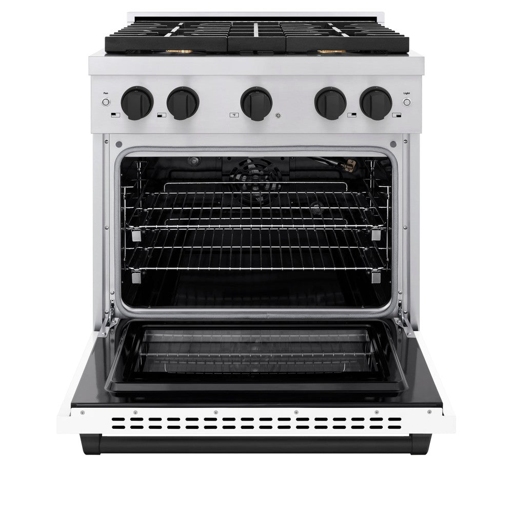 ZLINE Autograph 30" 4.2 cu. ft. Paramount Dual Fuel Range with 4 Burners with White Matte Door and Matte Black Accents, SDRZ-WM-30-MB