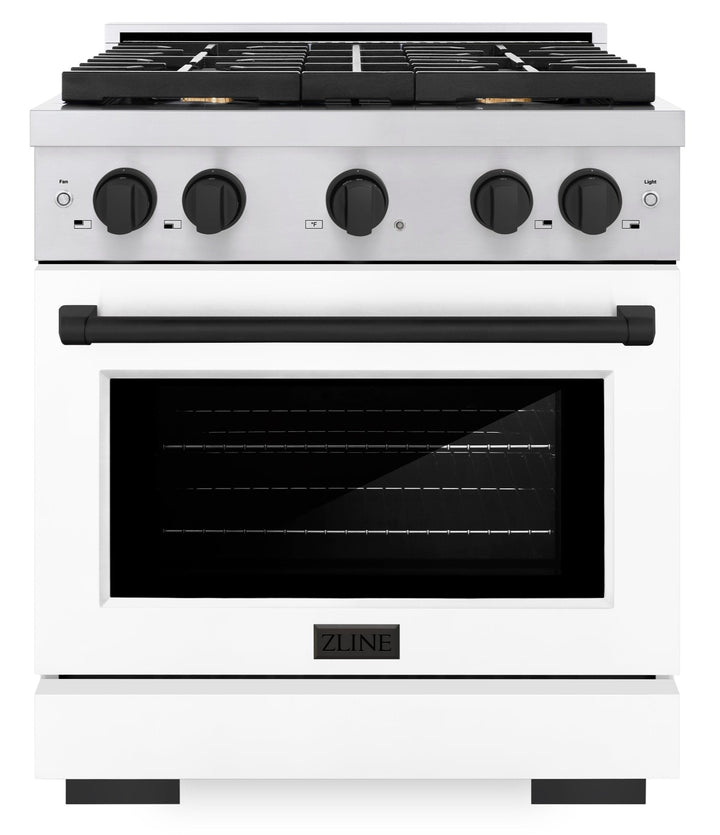 ZLINE Autograph 30" 4.2 cu. ft. Paramount Dual Fuel Range with 4 Burners with White Matte Door and Matte Black Accents, SDRZ-WM-30-MB