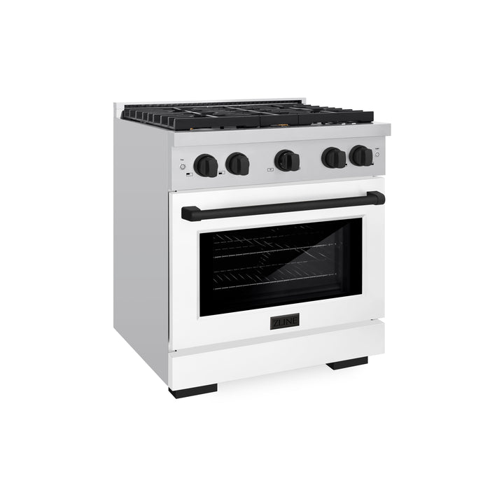 ZLINE Autograph 30" 4.2 cu. ft. Paramount Dual Fuel Range with 4 Burners with White Matte Door and Matte Black Accents, SDRZ-WM-30-MB