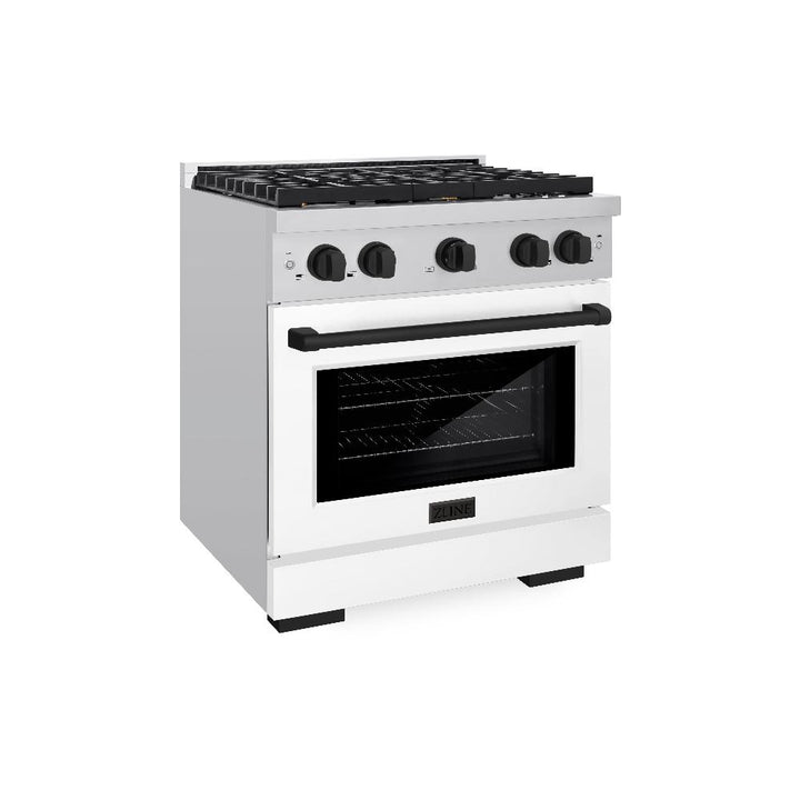 ZLINE Autograph Edition 30 in. 4.2 cu. ft. Paramount Dual Fuel Range with 4 Burner Gas Cooktop and Electric Convection Oven in Stainless Steel with White Matte Door and Matte Black Accents (SDRZ-WM-30-MB)