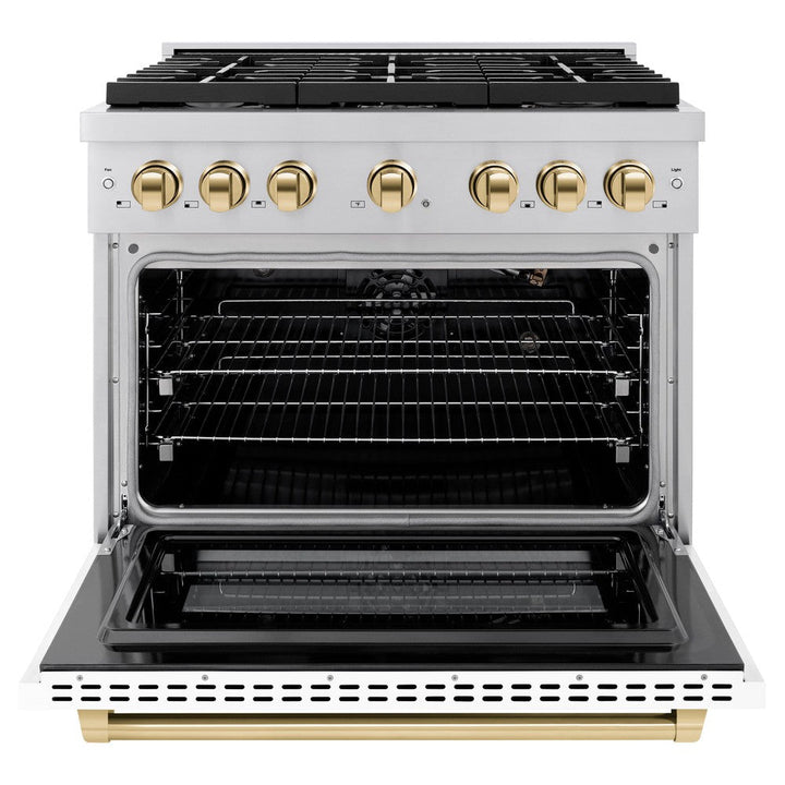 ZLINE Autograph 36" 5.2 cu. ft. Paramount Dual Fuel Range with 6 Burners with White Matte Door and Polished Gold Accents, SDRZ-WM-36-G