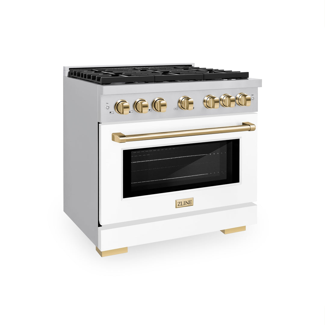 ZLINE Autograph 36" 5.2 cu. ft. Paramount Dual Fuel Range with 6 Burners with White Matte Door and Polished Gold Accents, SDRZ-WM-36-G