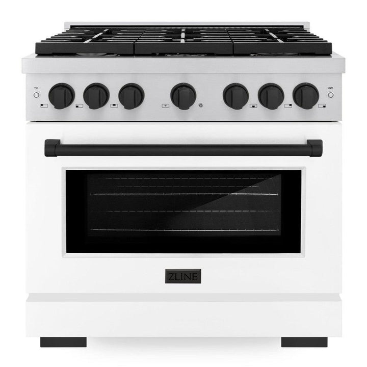 ZLINE Autograph 36" 5.2 cu. ft. Paramount Dual Fuel Range with 6 Burners with White Matte Door and Matte Black Accents, SDRZ-WM-36-MB