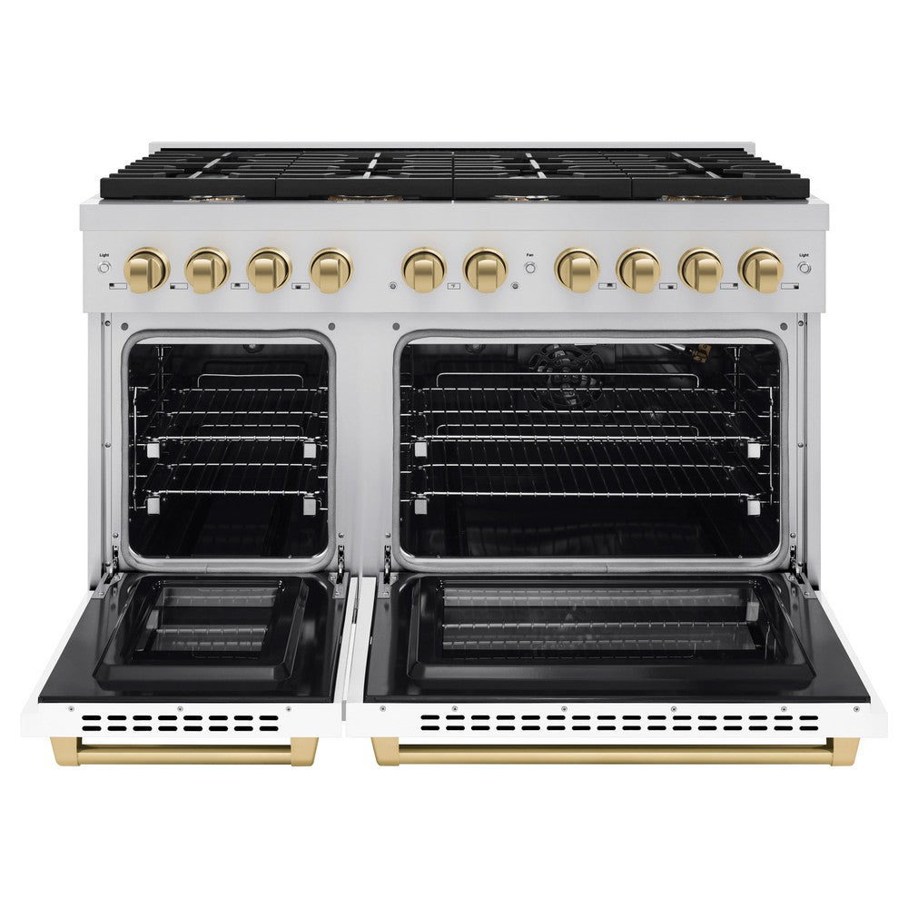 ZLINE Autograph 48" 6.7 cu. ft. Paramount Double Oven Dual Fuel Range with 8 Burners with White Matte Doors and Champagne Bronze Accents, SDRZ-WM-48-CB