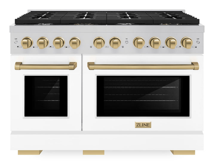 ZLINE Autograph 48" 6.7 cu. ft. Paramount Double Oven Dual Fuel Range with 8 Burners with White Matte Doors and Champagne Bronze Accents, SDRZ-WM-48-CB