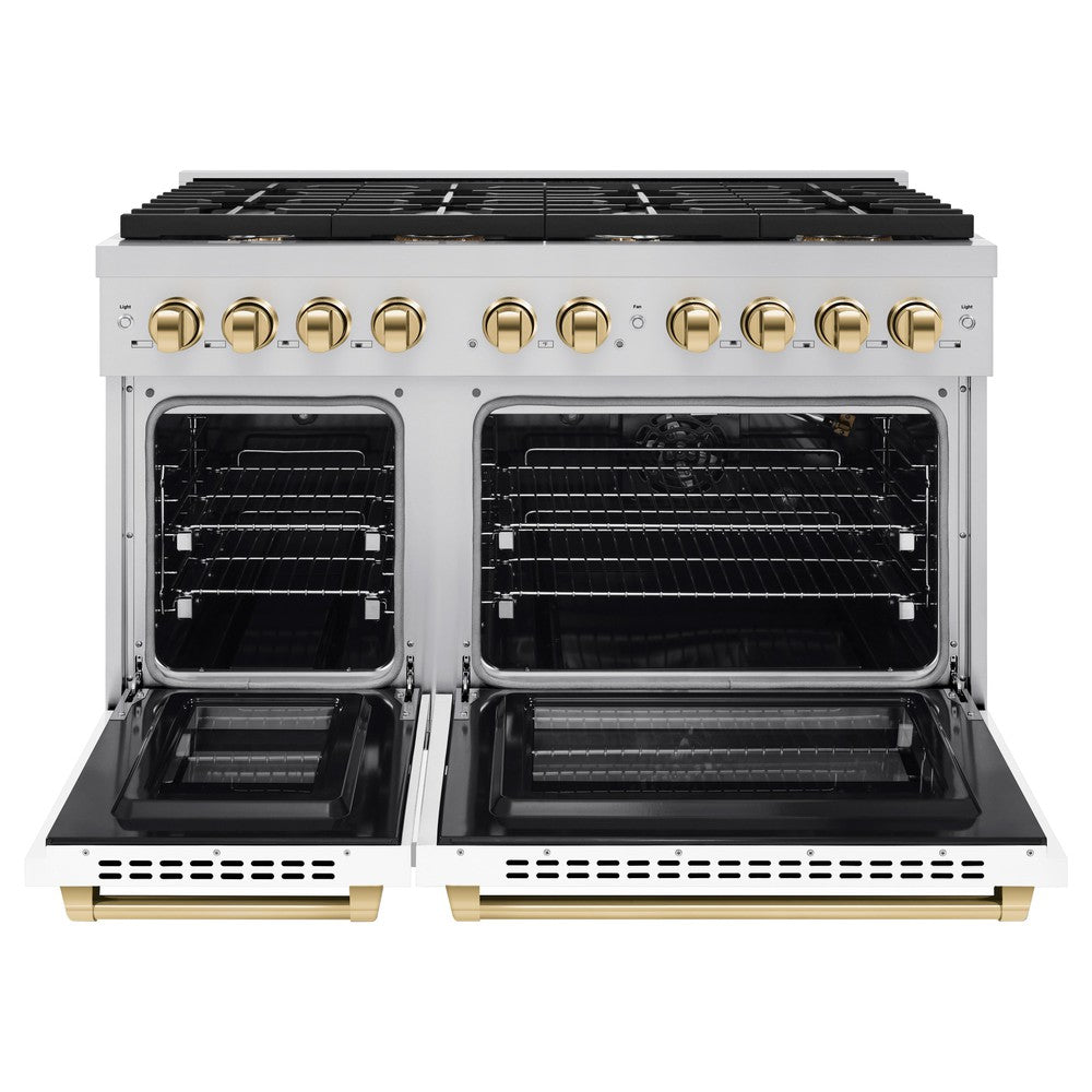 ZLINE Autograph 48" 6.7 cu. ft. Paramount Double Oven Dual Fuel Range with 8 Burners with White Matte Doors and Polished Gold Accents, SDRZ-WM-48-G