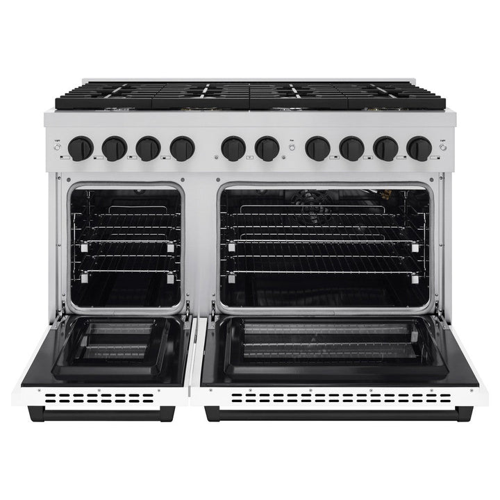 ZLINE Autograph 48" 6.7 cu. ft. Paramount Double Oven Dual Fuel Range with 8 Burners with White Matte Doors and Matte Black Accents, SDRZ-WM-48-MB