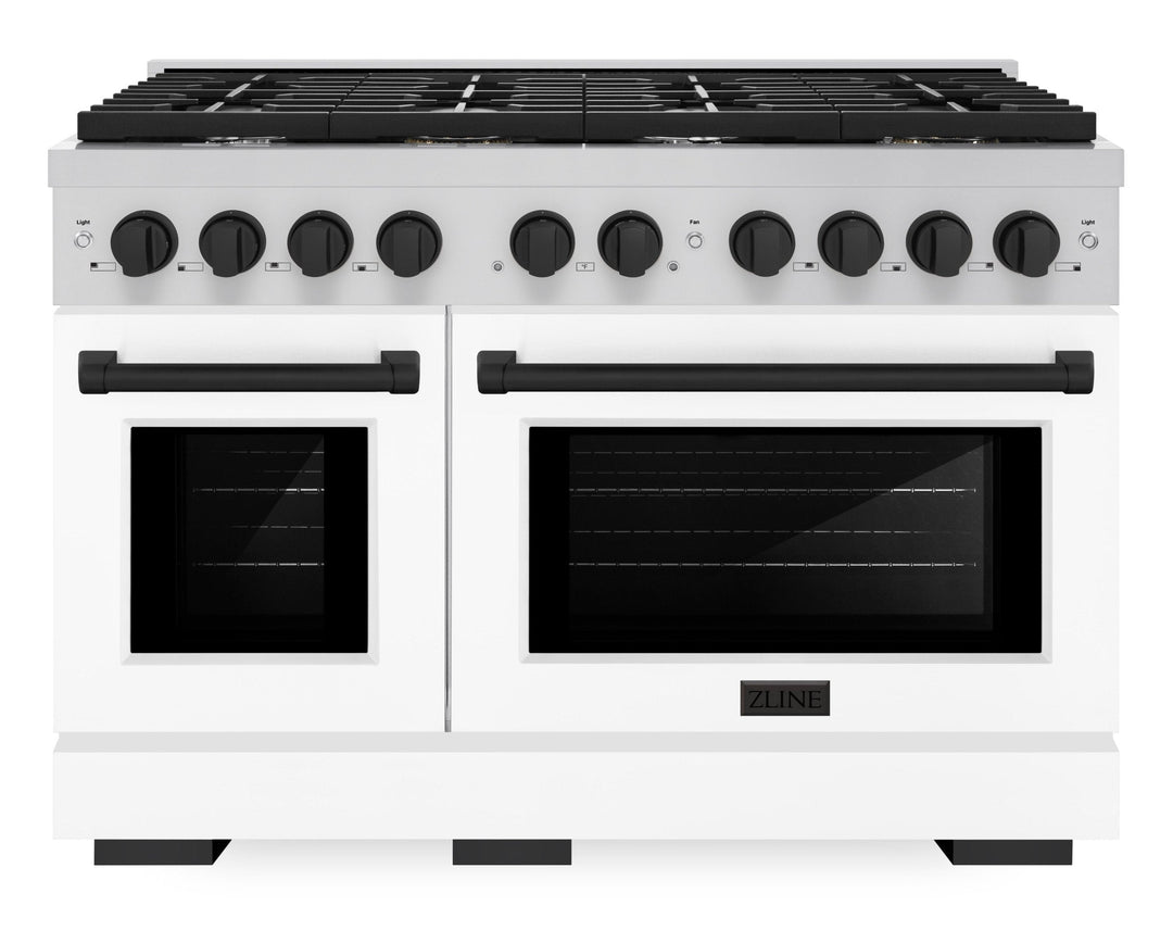 ZLINE Autograph 48" 6.7 cu. ft. Paramount Double Oven Dual Fuel Range with 8 Burners with White Matte Doors and Matte Black Accents, SDRZ-WM-48-MB