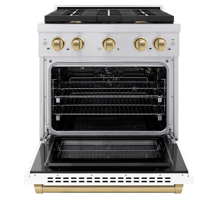 ZLINE Autograph Package - 30 In. Gas Range, Range Hood, Dishwasher in White with Champagne Bronze Accents, 3AKP-RGWMRHDWM30-CB