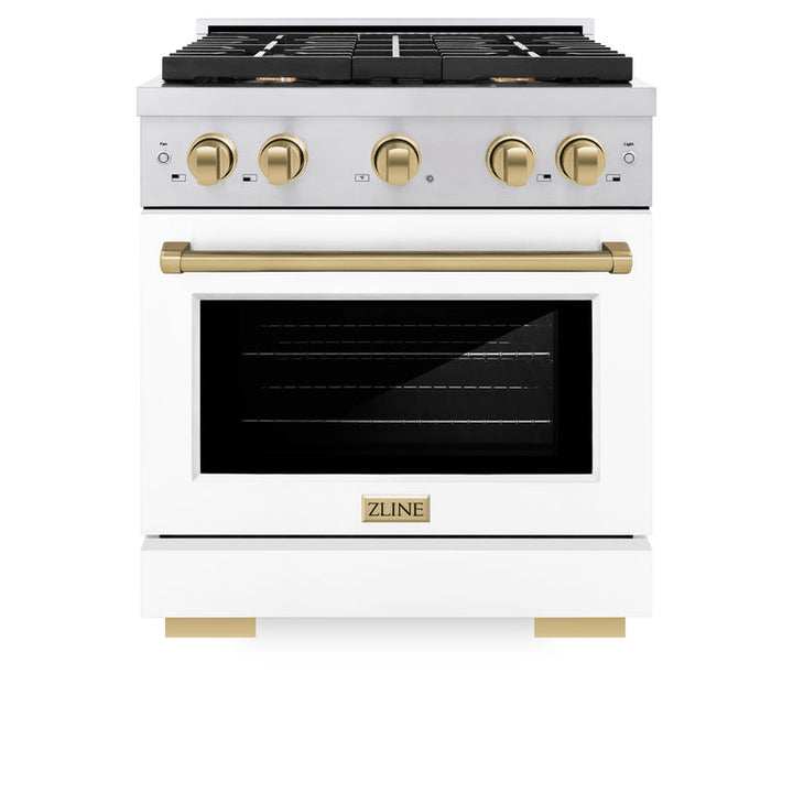 ZLINE Autograph Package - 30 In. Gas Range, Range Hood, Dishwasher in White with Champagne Bronze Accents, 3AKP-RGWMRHDWM30-CB