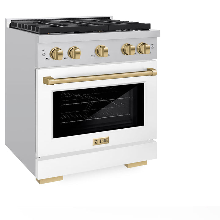 ZLINE Autograph Package - 30 In. Gas Range, Range Hood, Dishwasher in White with Champagne Bronze Accents, 3AKP-RGWMRHDWM30-CB