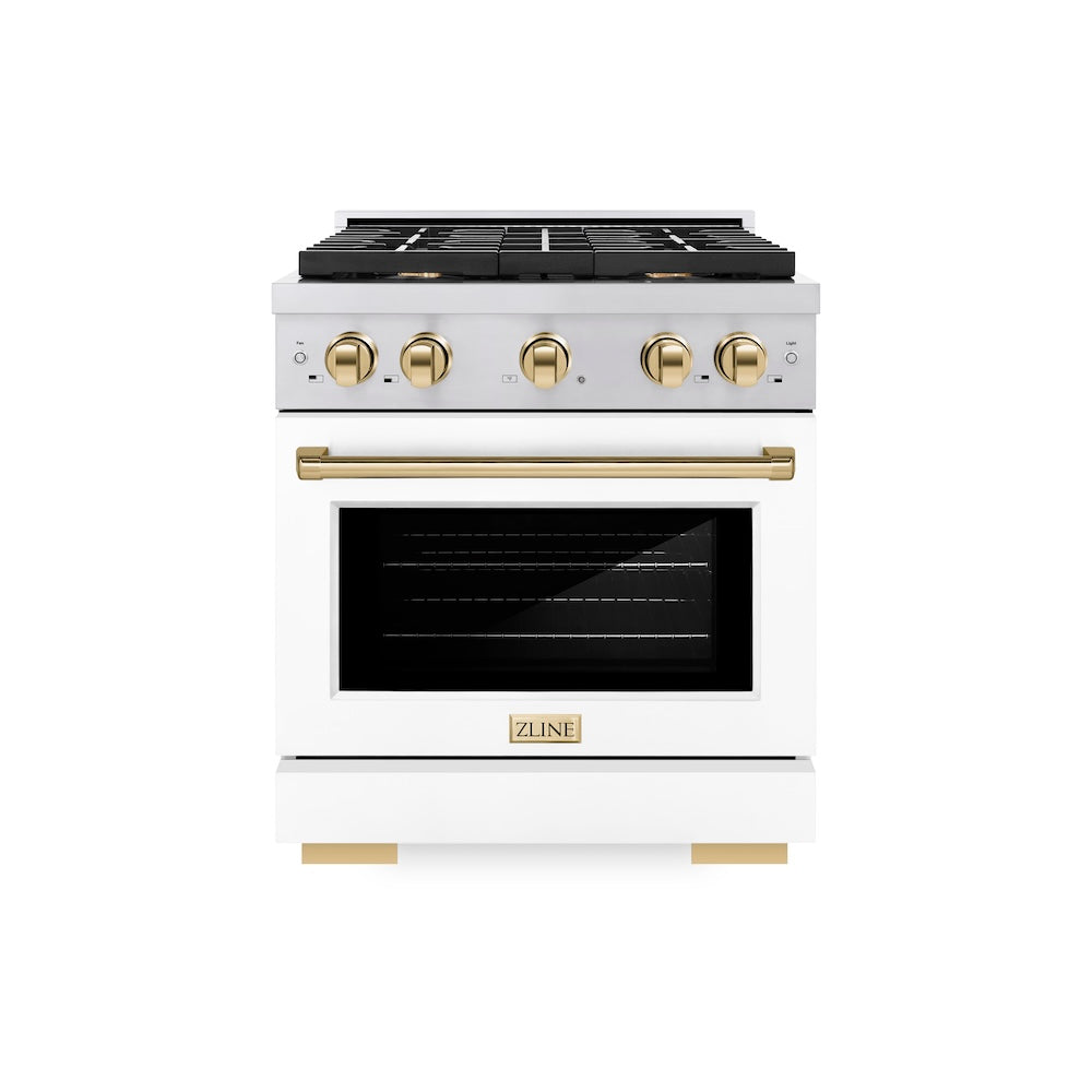 ZLINE Autograph Edition 30 in. 4.2 cu. ft. Paramount Gas Range with 4 Burner Cooktop and Convection Gas Oven in Stainless Steel with White Matte Door and Polished Gold Accents (SGRZ-WM-30-G)
