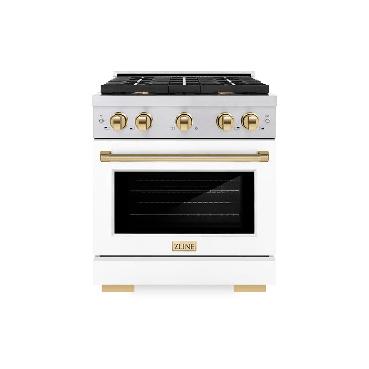 ZLINE Autograph Package - 30 In. Gas Range, Range Hood, Dishwasher in White Matte with Gold Accents, 3AKP-RGWMRHDWM30-G