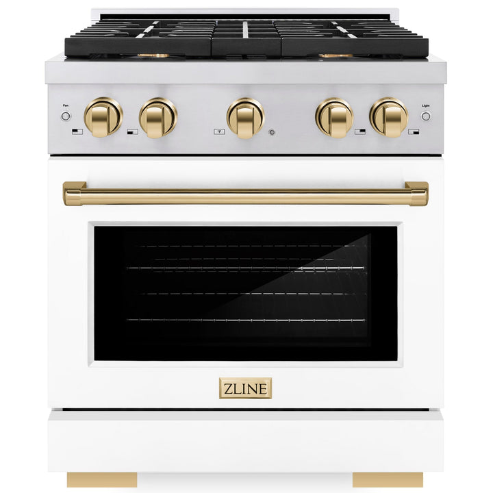 ZLINE Autograph 30" 4.2 cu. ft. Paramount Gas Range with Convection Gas Oven in Stainless Steel with White Matte Door and Gold Accents, SGRZ-WM-30-G