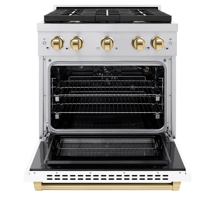 ZLINE Autograph Package - 30 In. Gas Range, Range Hood, Dishwasher in White Matte with Gold Accents, 3AKP-RGWMRHDWM30-G