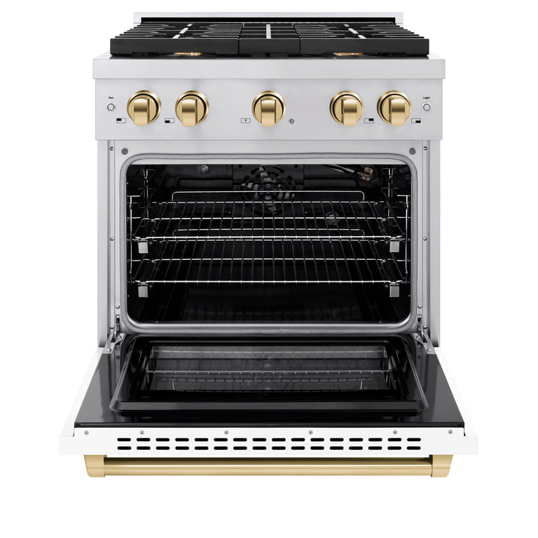 ZLINE Autograph Package - 30 In. Gas Range and Range Hood in Stainless Steel with White Matte Door and Gold Accents, 2AKP-RGWMRH30-G