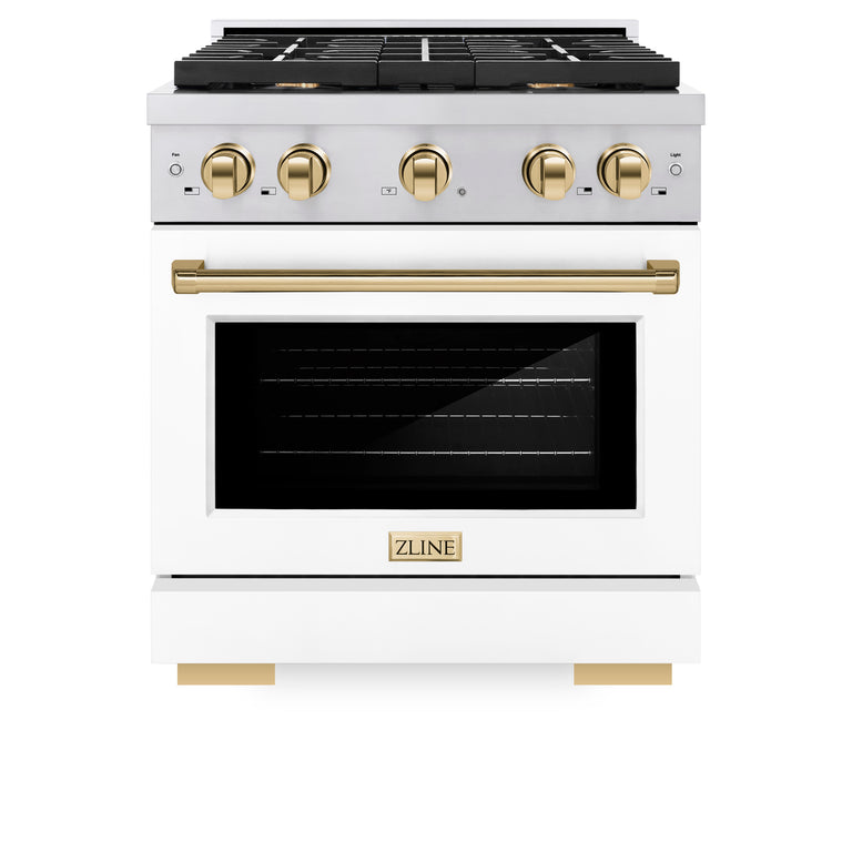 ZLINE Autograph Package - 30 In. Gas Range, Range Hood, Dishwasher in White Matte with Gold Accents, 3AKP-RGWMRHDWM30-G