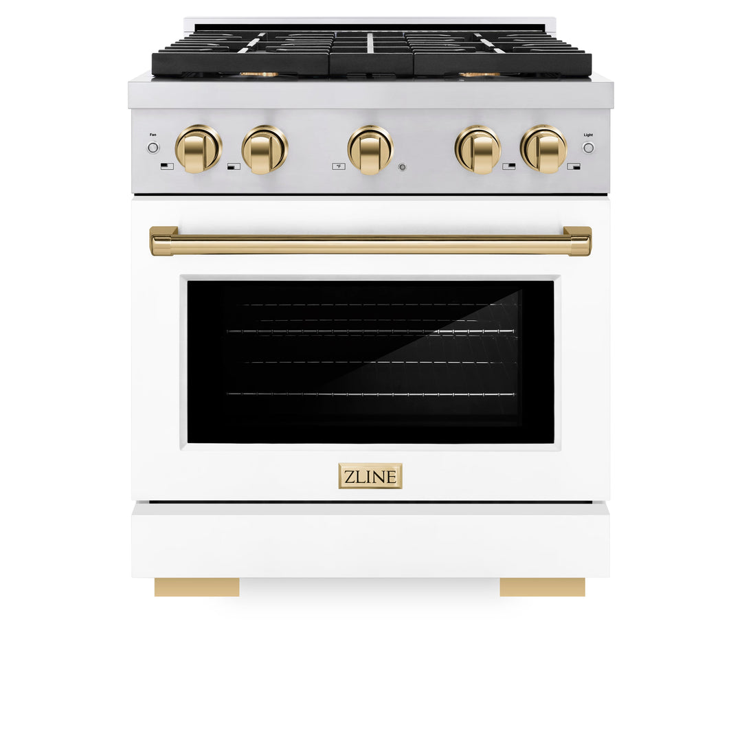 ZLINE Autograph 30" 4.2 cu. ft. Paramount Gas Range with Convection Gas Oven in Stainless Steel with White Matte Door and Gold Accents, SGRZ-WM-30-G