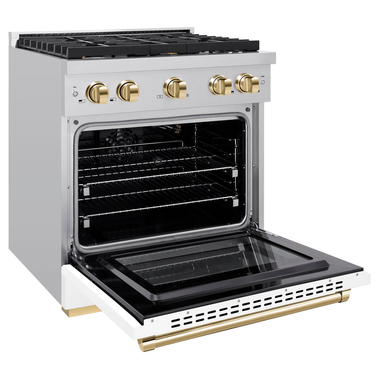 ZLINE Autograph Package - 30 In. Gas Range, Range Hood, Dishwasher in White Matte with Gold Accents, 3AKP-RGWMRHDWM30-G