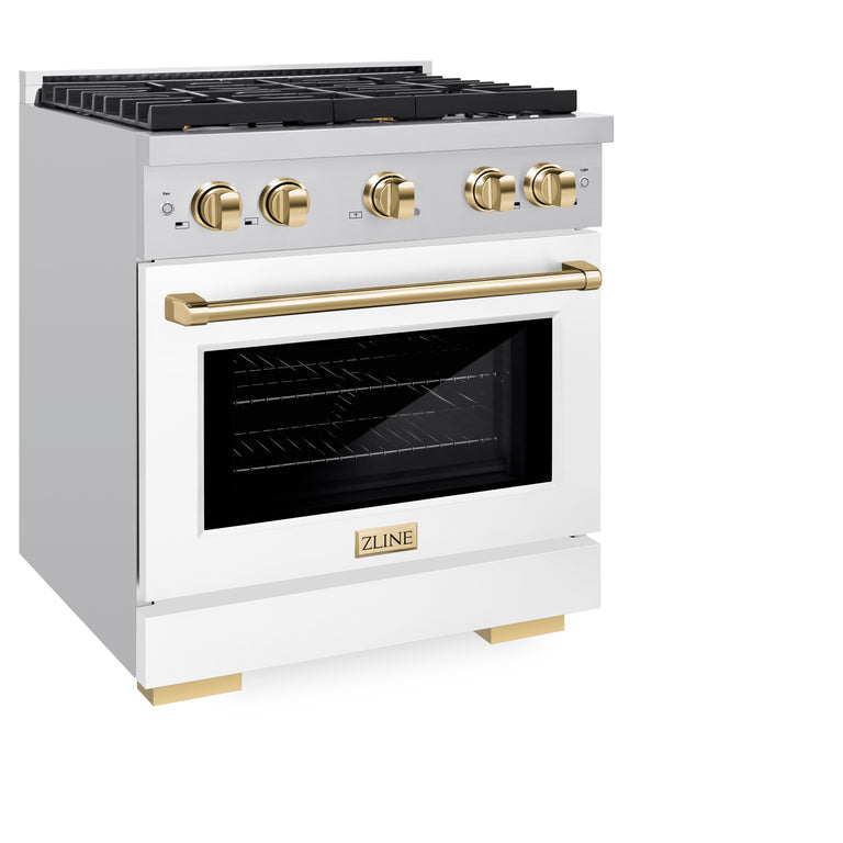 ZLINE Autograph Package - 30 In. Gas Range, Range Hood, Dishwasher in White Matte with Gold Accents, 3AKP-RGWMRHDWM30-G