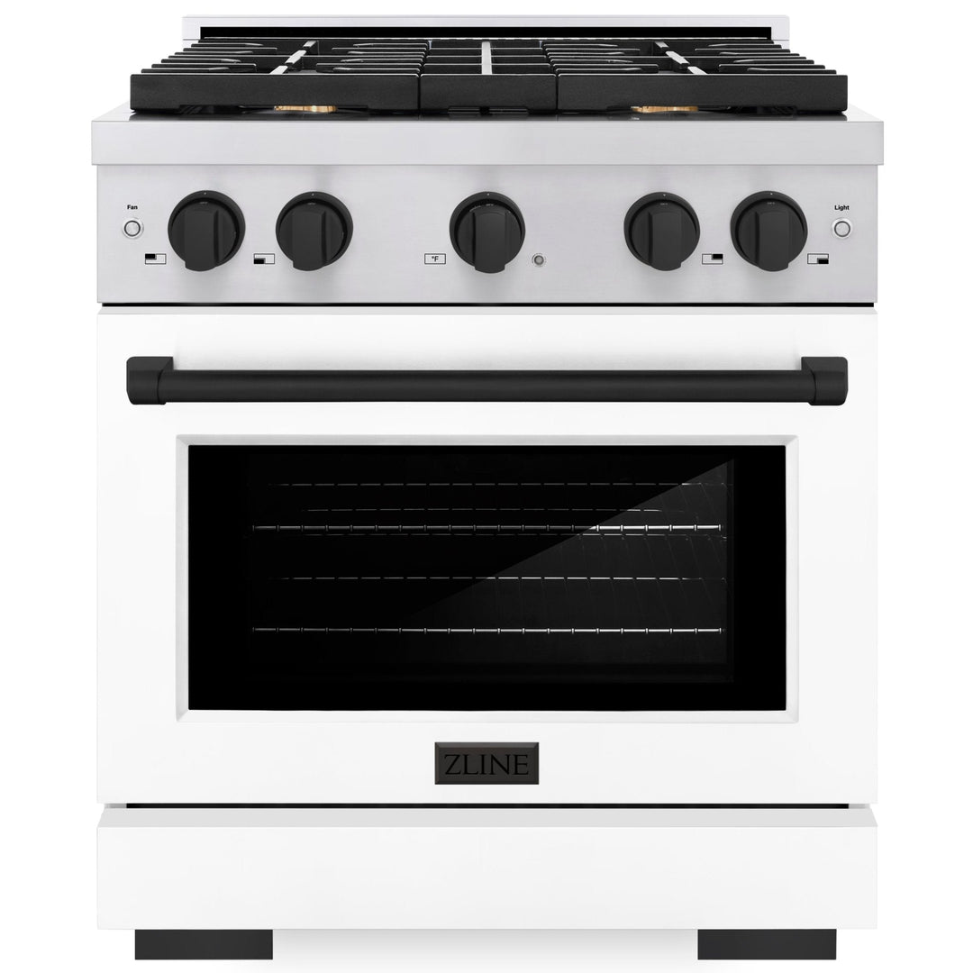 ZLINE Autograph 30" 4.2 cu. ft. Paramount Gas Range with Convection Gas Oven in Stainless Steel with White Matte Door and Matte Black Accents, SGRZ-WM-30-MB