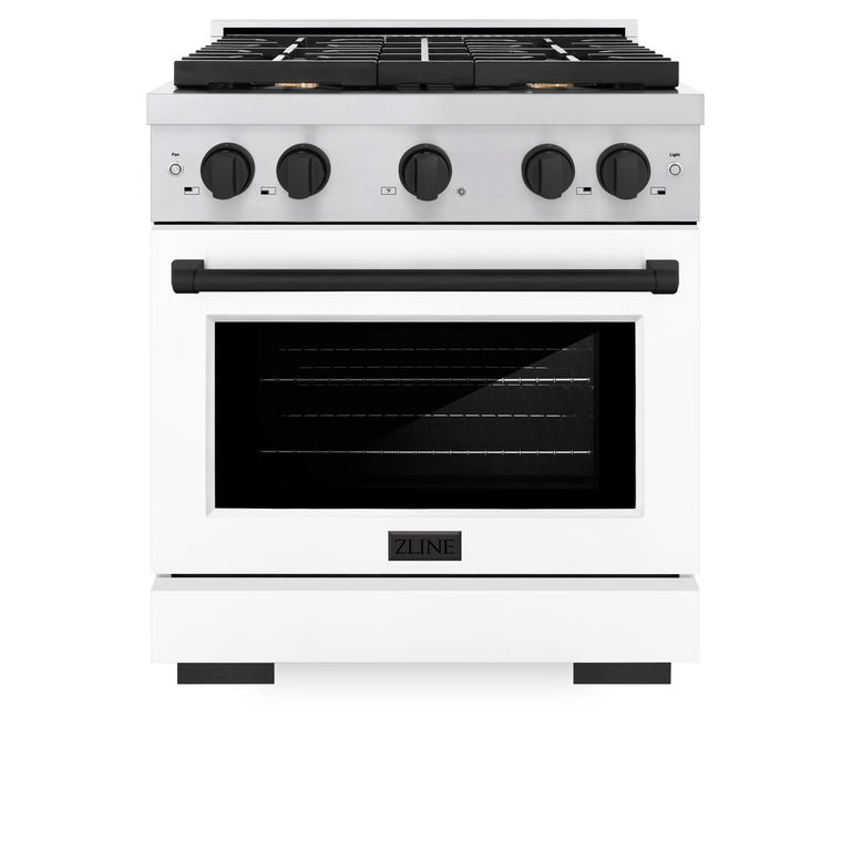 ZLINE Autograph Package - 30 In. Gas Range, Range Hood, Dishwasher in White with Matte Black Accents, 3AKP-RGWMRHDWM30-MB