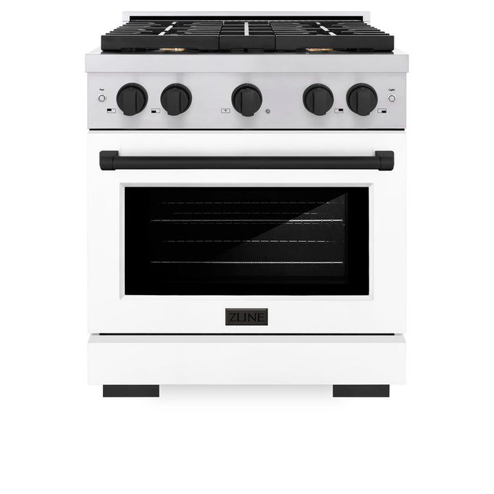 ZLINE Autograph Package - 30 In. Gas Range, Range Hood, Dishwasher in White with Matte Black Accents, 3AKP-RGWMRHDWM30-MB