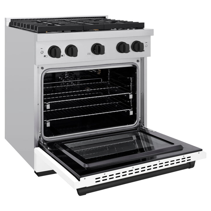 ZLINE Autograph Package - 30 In. Gas Range, Range Hood, Dishwasher in White with Matte Black Accents, 3AKP-RGWMRHDWM30-MB