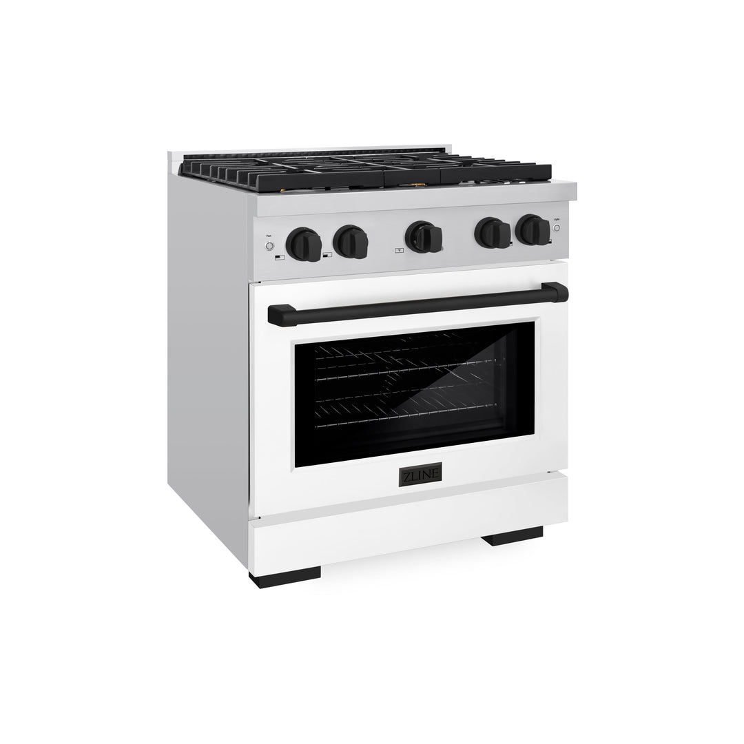 ZLINE Autograph 30" 4.2 cu. ft. Paramount Gas Range with Convection Gas Oven in Stainless Steel with White Matte Door and Matte Black Accents, SGRZ-WM-30-MB