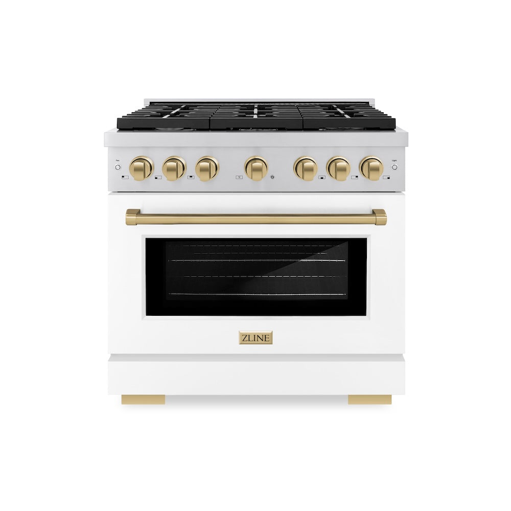 ZLINE Autograph Edition 36 in. 5.2 cu. ft. Paramount Gas Range with 6 Burner Cooktop and Convection Gas Oven in Stainless Steel with White Matte Door and Champagne Bronze Accents (SGRZ-WM-36-CB)