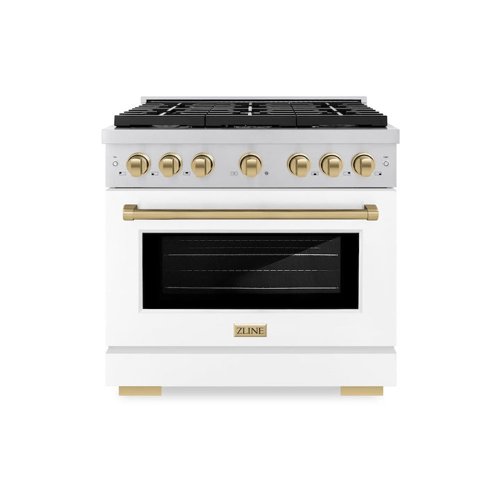 ZLINE Autograph Edition 36 in. 5.2 cu. ft. Paramount Gas Range with 6 Burner Cooktop and Convection Gas Oven in Stainless Steel with White Matte Door and Champagne Bronze Accents (SGRZ-WM-36-CB)