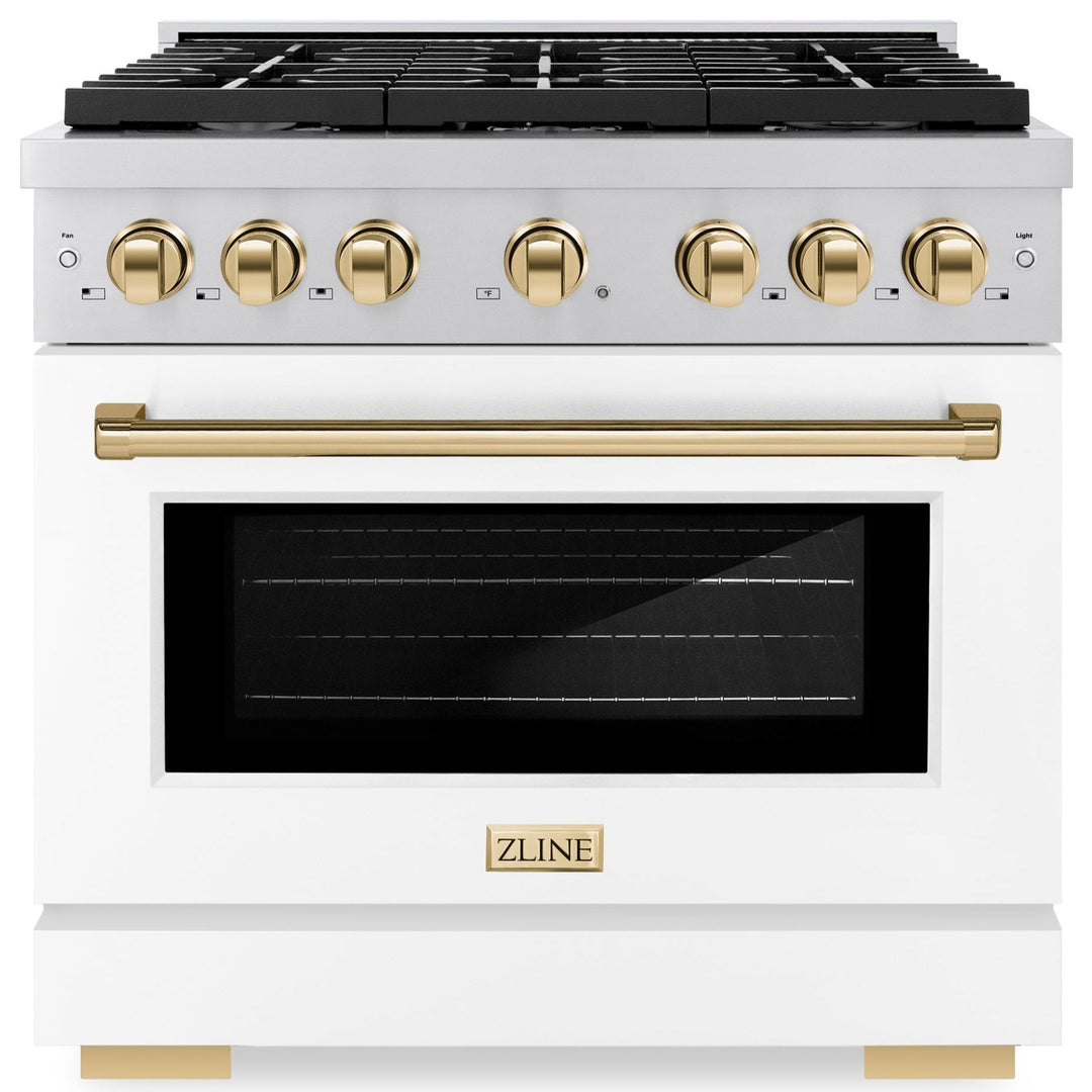 ZLINE Autograph 36" 5.2 cu. ft. Paramount Gas Range with Convection Gas Oven in Stainless Steel with White Matte Door and Gold Accents, SGRZ-WM-36-G