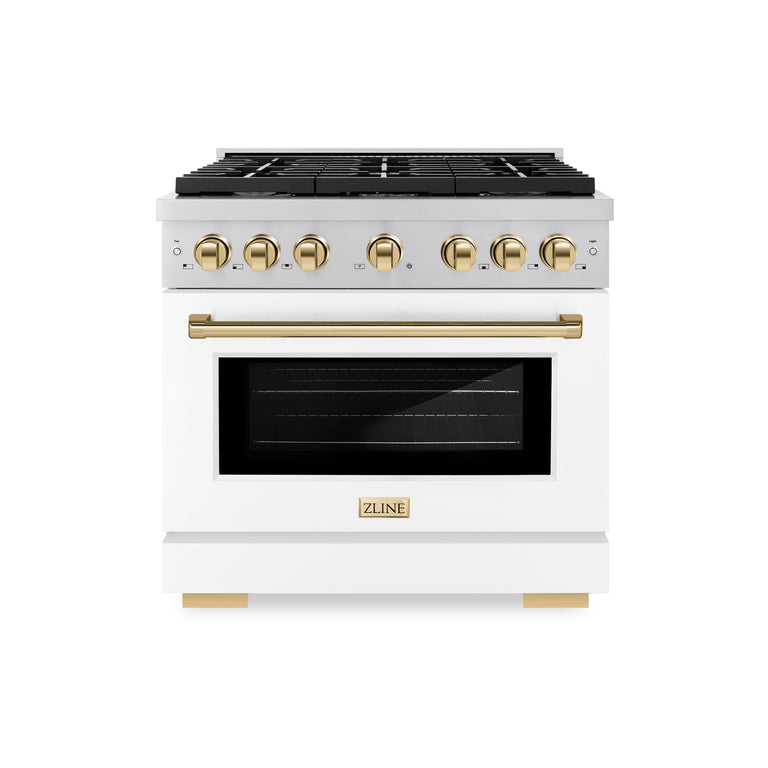 ZLINE Autograph Package - 36 In. Gas Range, Range Hood, Dishwasher in White with Gold Accents, 3AKP-RGWMRHDWM36-G