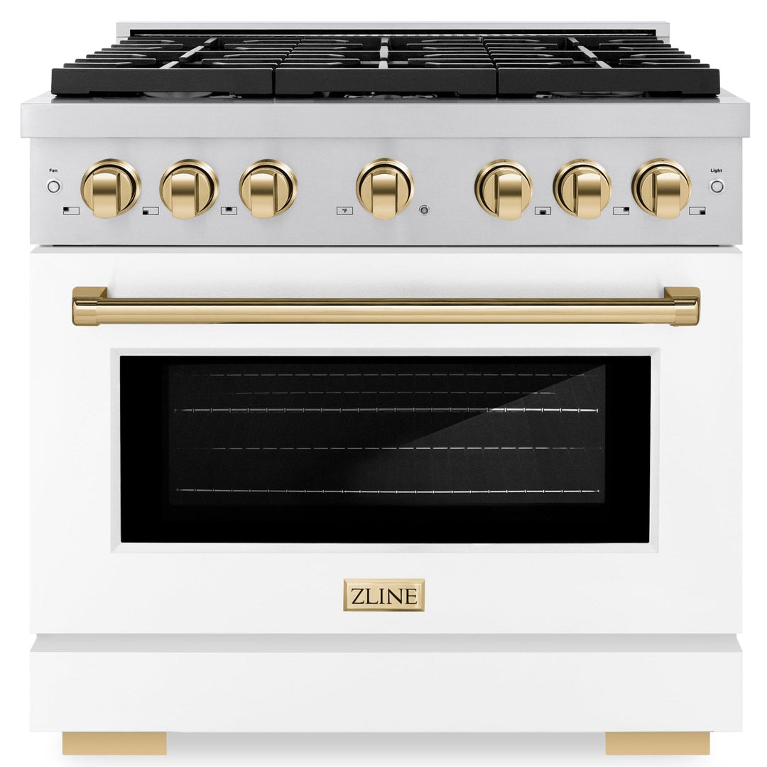 ZLINE Autograph 36" 5.2 cu. ft. Paramount Gas Range with Convection Gas Oven in Stainless Steel with White Matte Door and Bronze Accents, SGRZ-WM-36-CB