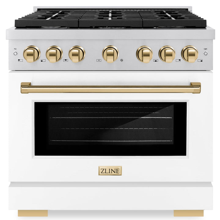 ZLINE Autograph 36" 5.2 cu. ft. Paramount Gas Range with Convection Gas Oven in Stainless Steel with White Matte Door and Bronze Accents, SGRZ-WM-36-CB