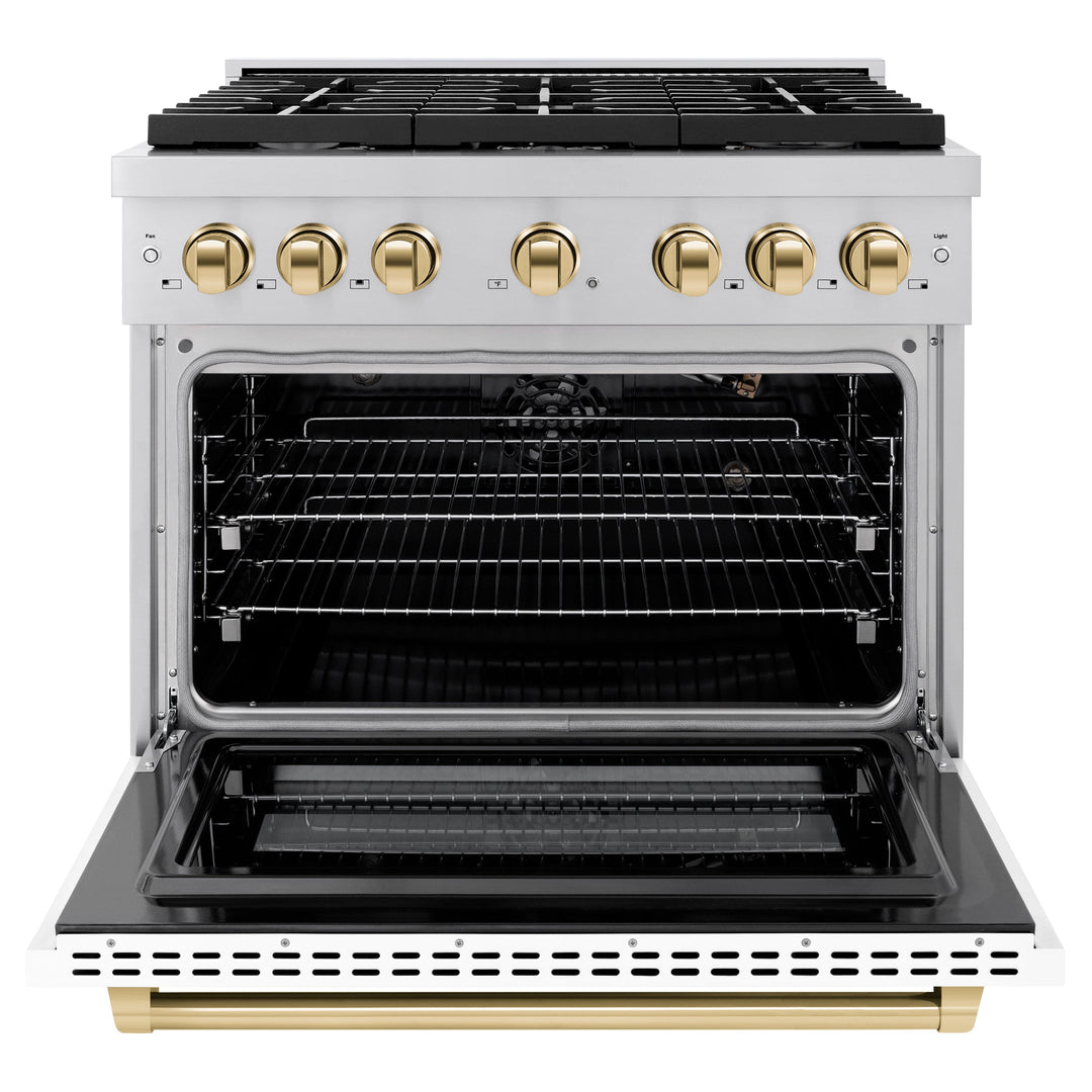 ZLINE Autograph 36" 5.2 cu. ft. Paramount Gas Range with Convection Gas Oven in Stainless Steel with White Matte Door and Bronze Accents, SGRZ-WM-36-CB