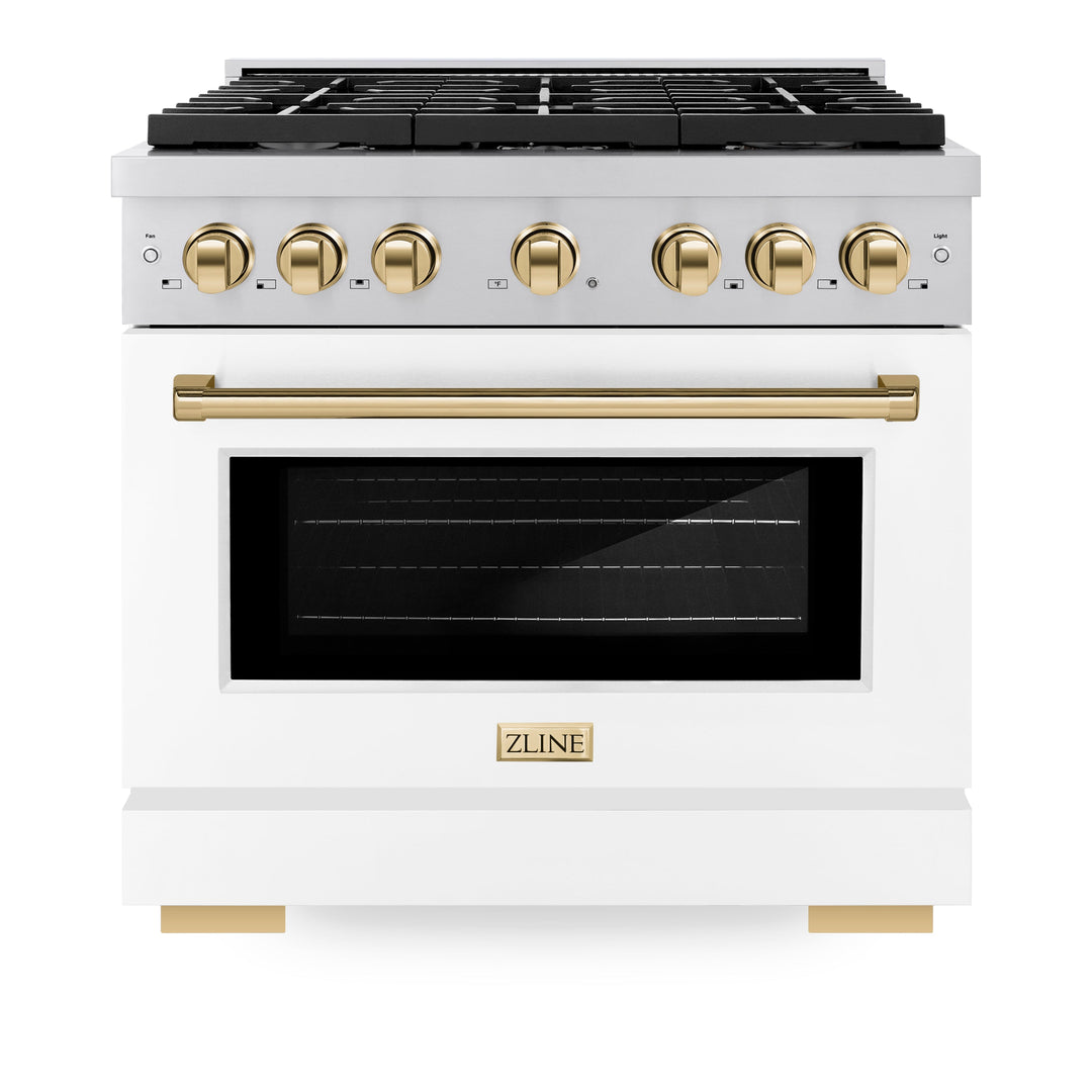 ZLINE Autograph 36" 5.2 cu. ft. Paramount Gas Range with Convection Gas Oven in Stainless Steel with White Matte Door and Gold Accents, SGRZ-WM-36-G