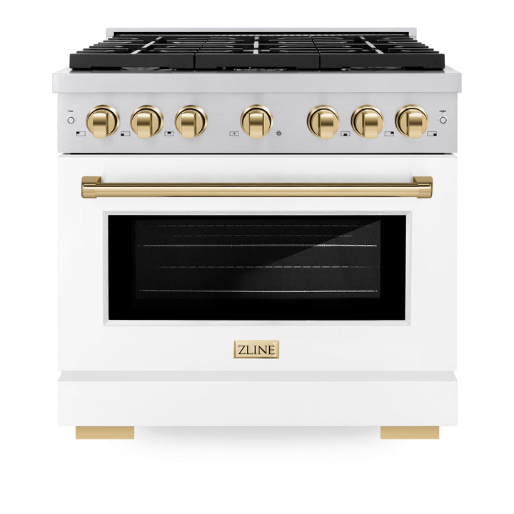 ZLINE Autograph 36" 5.2 cu. ft. Paramount Gas Range with Convection Gas Oven in Stainless Steel with White Matte Door and Gold Accents, SGRZ-WM-36-G