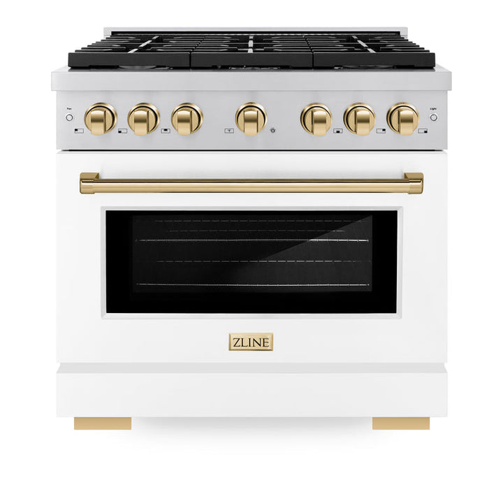 ZLINE Autograph Package - 36 In. Gas Range, Range Hood, Dishwasher in White with Gold Accents, 3AKP-RGWMRHDWM36-G