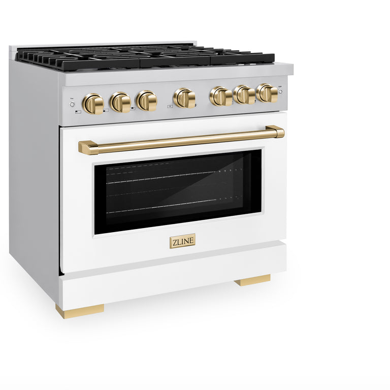 ZLINE Autograph Package - 36 In. Gas Range, Range Hood, Dishwasher in White with Gold Accents, 3AKP-RGWMRHDWM36-G