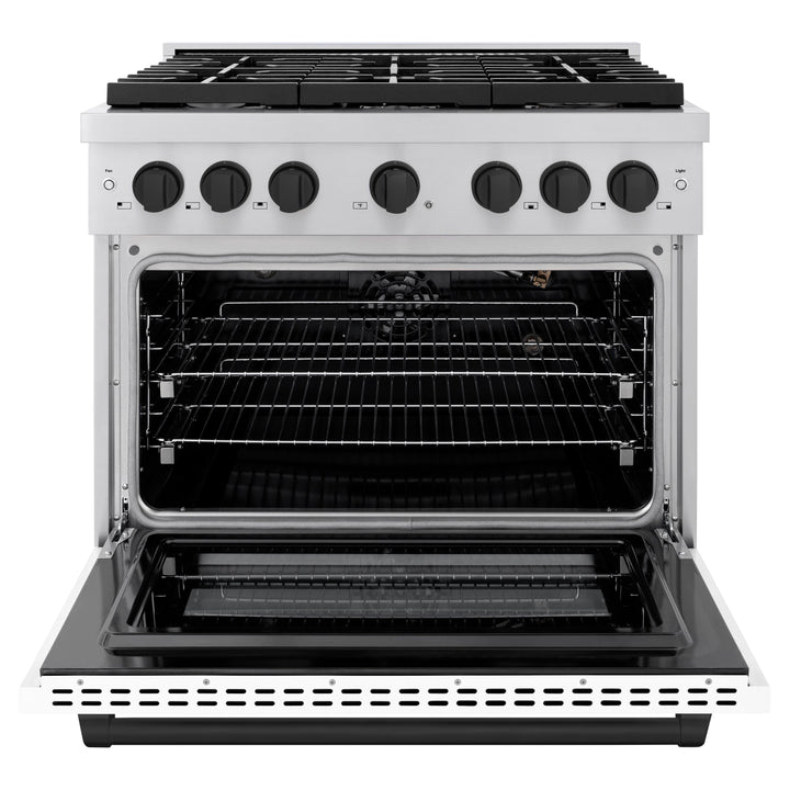 ZLINE Autograph 36" 5.2 cu. ft. Paramount Gas Range with Convection Gas Oven in Stainless Steel with White Matte Door and Matte Black Accents, SGRZ-WM-36-MB