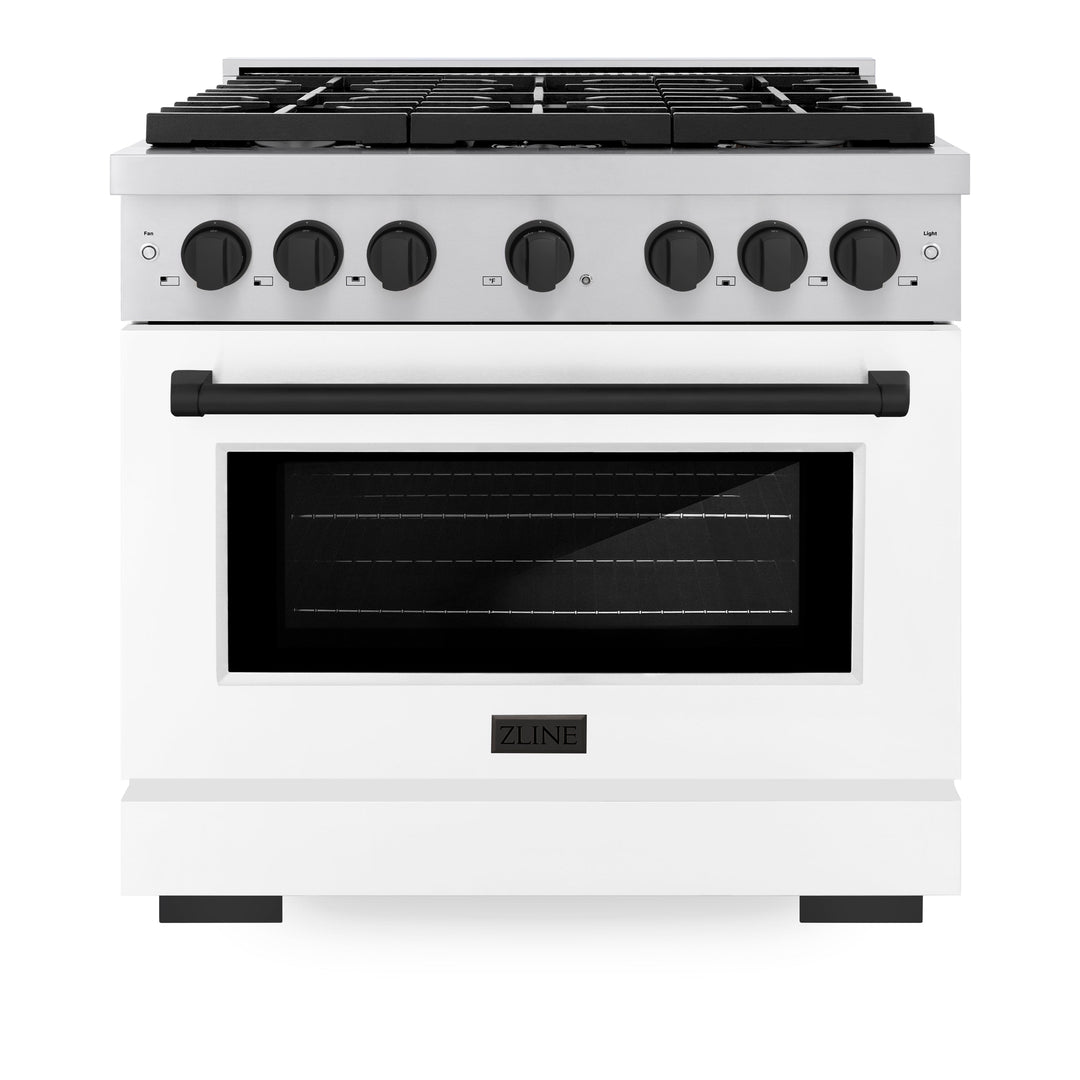 ZLINE Autograph 36" 5.2 cu. ft. Paramount Gas Range with Convection Gas Oven in Stainless Steel with White Matte Door and Matte Black Accents, SGRZ-WM-36-MB