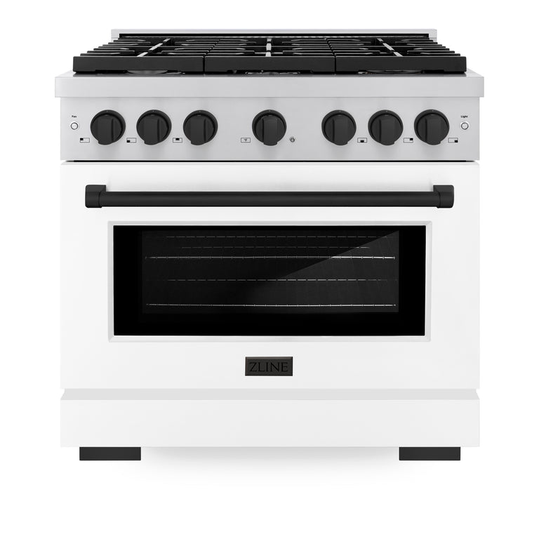 ZLINE Autograph Package - 36 In. Gas Range and Range Hood with White Matte Door and Matte Black Accents, 2AKP-RGWMRH36-MB